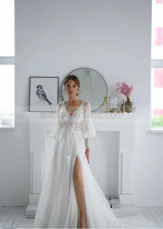 Long Sleeves Ivory Lace Tulle Slit Airy Wedding Dress
